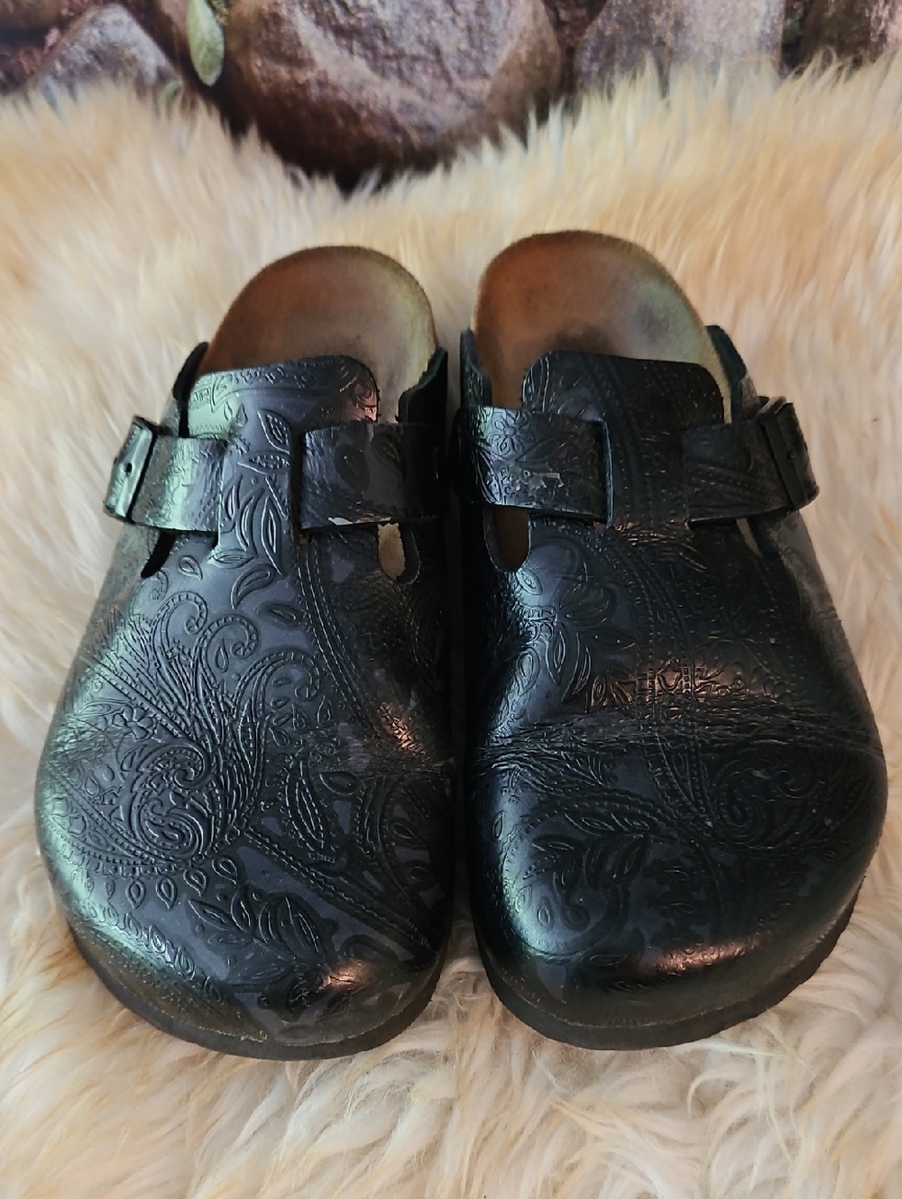 Papillio Black Embossed Leather Slip-On Clogs